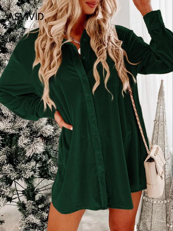 Women's Button Front Pocket Shirt Velvet Dress, Casual Drop Shoulder Long Sleeve Collared Mini  Dress for Daily Wear, Ladies Clothes for All Seasons