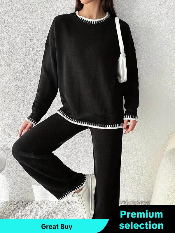 Women's Colorblock Split Hem Drop Shoulder Sweater Pullover & Straight Leg Pants Two-piece Set, Casual Fashion Cozy Knitwear Set for Daily Outdoor Wear, Women Knitwear for Fall & Winter