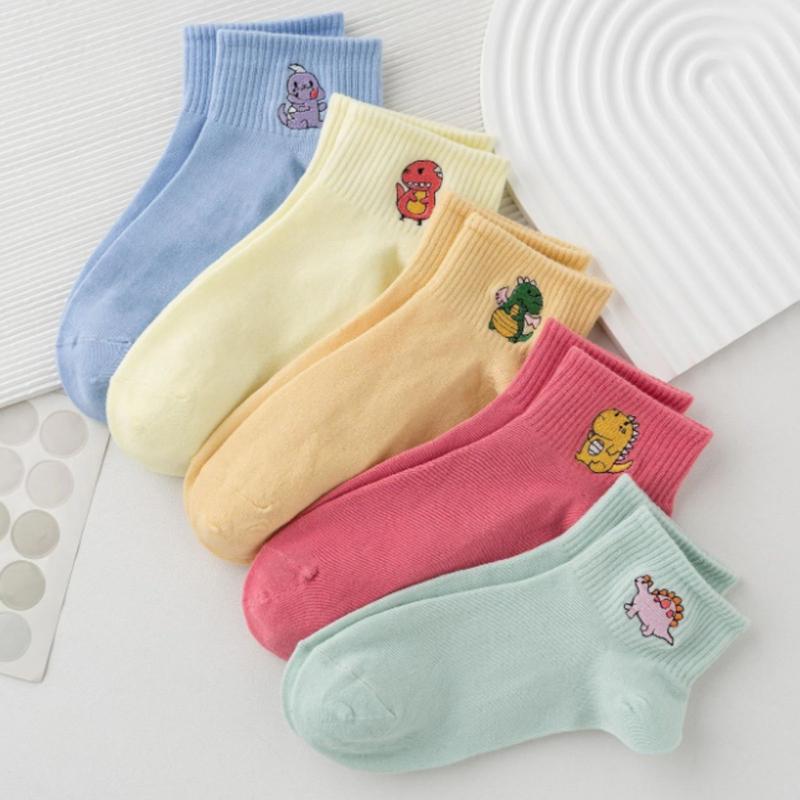 5pairs Women Dinosaur Embroidery Casual Crew Socks for Daily Life - Ankle Socks - Womenswear