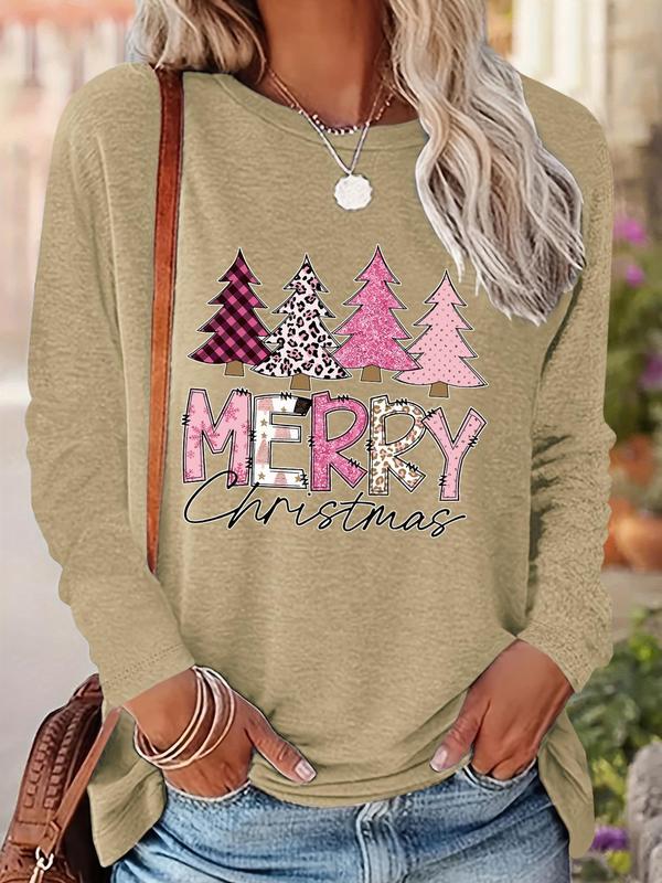 Women's Christmas Tree & Letter Print Drop Shoulder Tee, Casual Long Sleeve Round Neck Pullover for Daily Wear, Ladies Fall & Winter Clothes