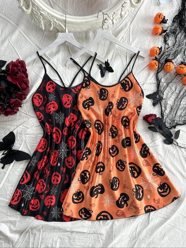 Women's All Over Pumpkin Print Cami Nightdress, Casual Soft Comfortable Halloween Criss Cross Backless Nightgown for All Seasons, Nightwear Sets, Fashion Ladies' Sleepwear for Daily Wear, Halloween Pajamas, Homecoming Dresses 2024