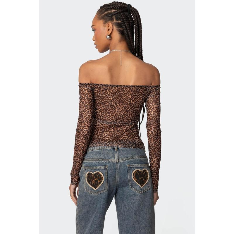 Leopard Sheer Mesh Off Shoulder Top