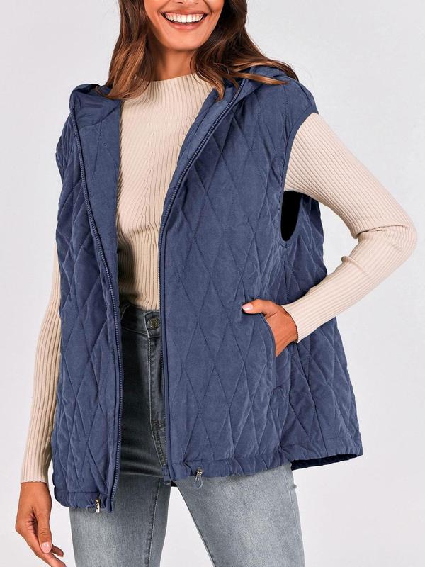  Solid Drawstring Pocket Zipper Hooded Vest Coat, Casual Batwing Sleeve Outerwear for Fall & Winter, Women's Clothes for Daily Wear