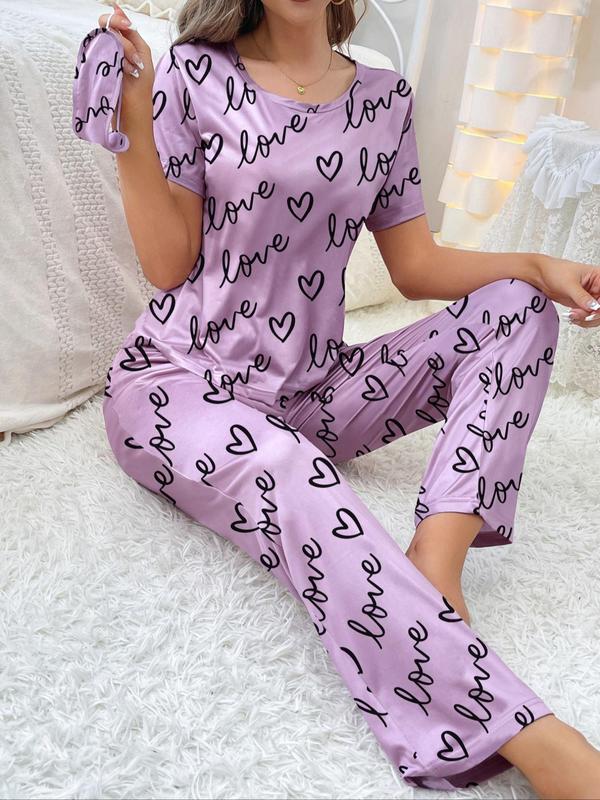 Two-Piece Set Women's Heart Print Tee & Pj Pants Pajama Set, Summer Clothes Women, Summer Wear, Crew Neck Shortsleeve T-shirt & Trousers Pj Set, Comfort Casual Comfy Pajamas Set, Lady Sleepwear & Loungewear Set for Summer Homewear, Black Girl Wear