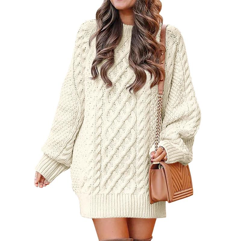 ANRABESS Women Long Sleeve Crew Neck Oversized Cable Knit Chunky Baggy Loose Pullover Tunic Mini Sweater Dress 2024 Trendy Fall Outfits Casual Womenswear