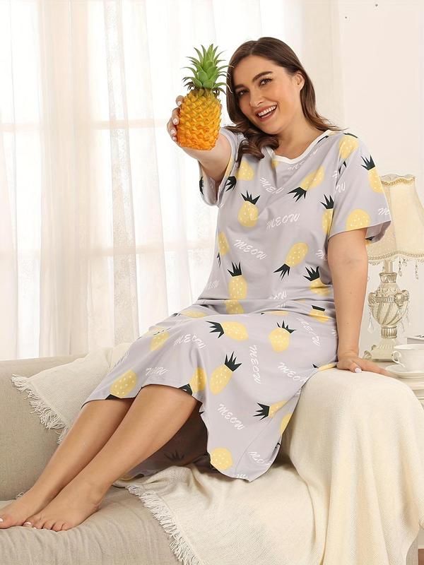 Plus Size Letter & Pineapple Print Nightdress, Casual Round Neck Short Sleeve Nightgown, Summer Clothes, Women's Sleepwear & Loungewear