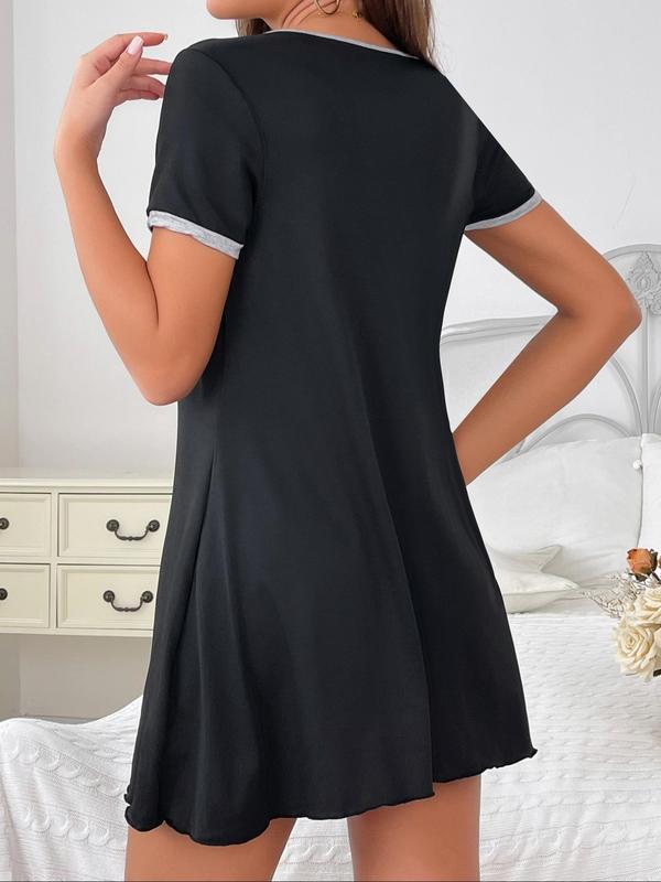 Women's Contrast Binding Short Sleeve Nightdress, Casual Soft Comfortable Round Neck Nightgown for All Seasons, Lady's Sleepwear for Indoor Wear