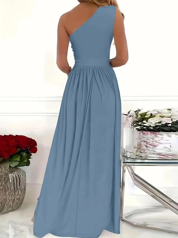 Women's Plain Cut Out One Shoulder Split Thigh Plicated Dress, Elegant Asymmetrical Maxi A Line Dress for Party Holiday Wedding Guest, Ladies Summer Clothes