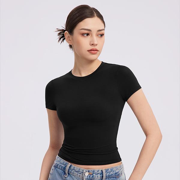 PUMIEY  Crew Neck T Shirts Women's Short Sleeve Sexy Basic Top Double Layer Slim-Fitting Soft Fabric Summer Casual Lady Streetwear Womenswear Comfortable Minimalist Crewneck Shortsleeve Round Neck Piece Underwear Tshirt