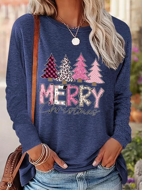 Women's Christmas Tree & Letter Print Drop Shoulder Tee, Casual Long Sleeve Round Neck Pullover for Daily Wear, Ladies Fall & Winter Clothes