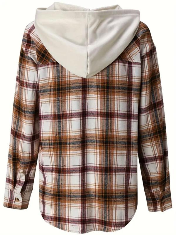 Plus Size Plaid Print Button Front Drawstring Hooded Blouse, Casual Long Sleeve Pocket Top for Spring & Fall, Going Out Tops, Women's Clothes for Daily Wear