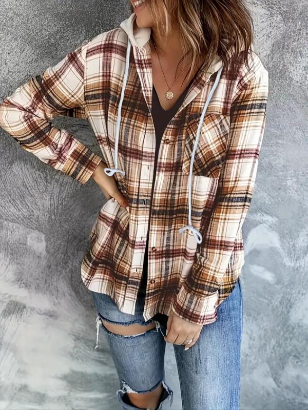 Plus Size Plaid Print Button Front Drawstring Hooded Blouse, Casual Long Sleeve Pocket Top for Spring & Fall, Going Out Tops, Women's Clothes for Daily Wear