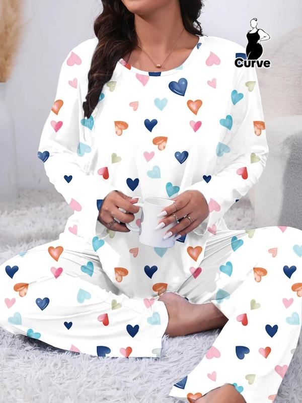 Two-Piece Set Plus Size Heart Print Pyjama Lounge Set, Casual Long Sleeve Tee & Pants, Women's Plus Sleepwear & Homewear for Spring & Fall, Fall Wear, Fallfreshness