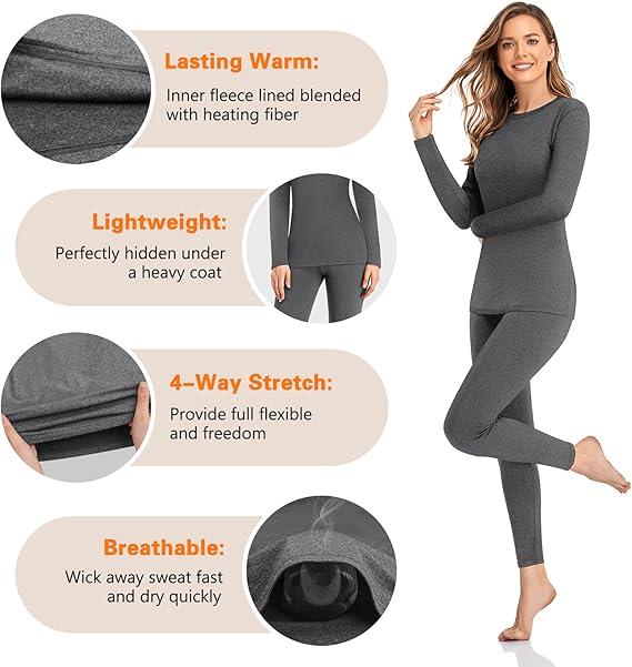 2 Sets Women’s Thermal Underwear Set, Fleece Lined Thermal Underwear, Soft Long Top Bottom Set for Women Cold Winter