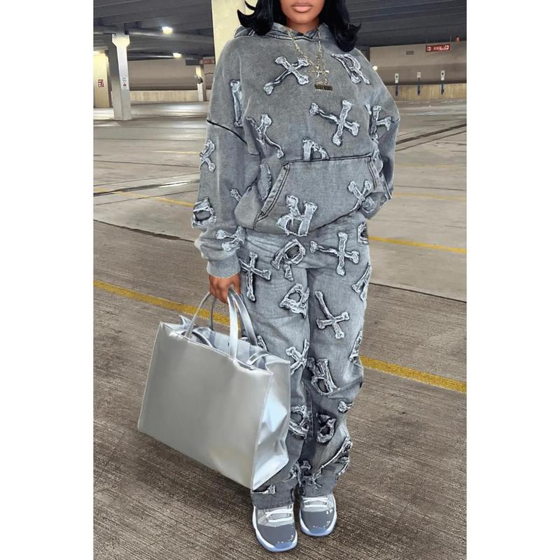 Sevenrui 2024 New printed pocket long sleeve sweater 2-piece pants suit women's comfortable casual wear crop hoodie