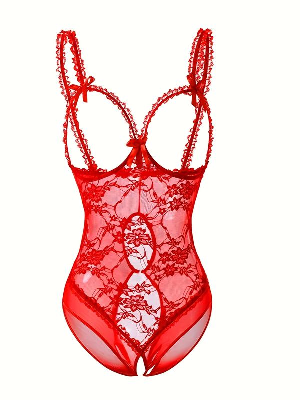 Women's Sexy Bodysuit, Lace Large Size Sexy Lingerie, One-piece Breast-revealing Women's Suspender Sexy Pajamas, Bow-knot Mesh Hollow Sexy Bodysuit