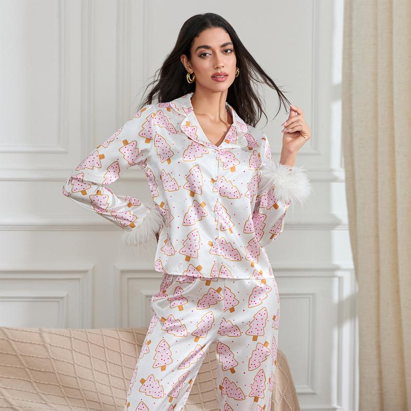 Women Christmas Pajamas Lounge Set Santa Christmas Tree Boots Print Shirts Tops and Pants 2 Piece Loungewear Outfits Nightwear Womenswear