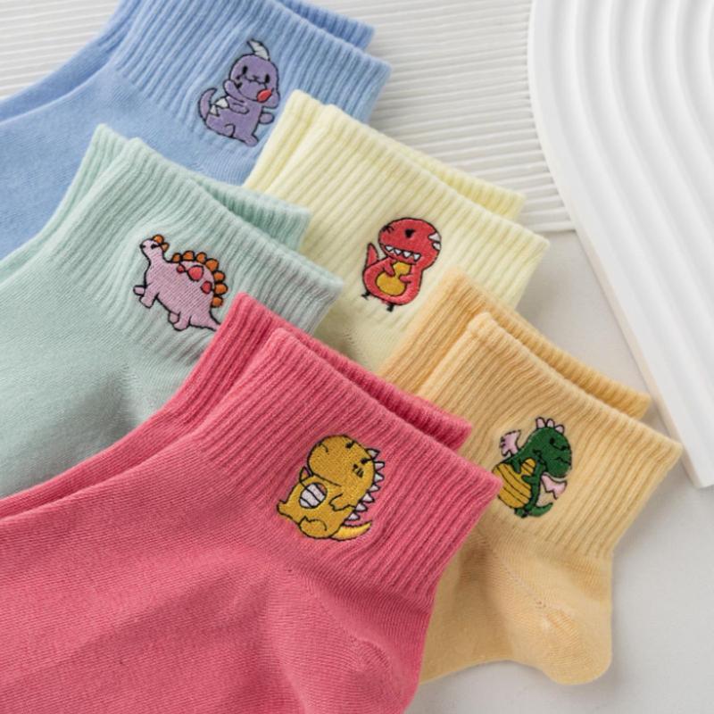 5pairs Women Dinosaur Embroidery Casual Crew Socks for Daily Life - Ankle Socks - Womenswear