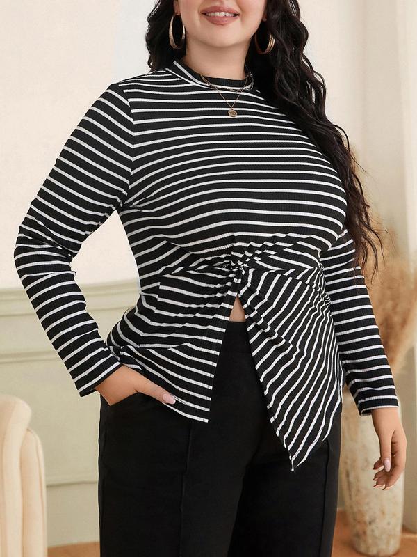 CURVZY Plus Size Striped Print Twist Design Split Hem Tee, Casual Mock Neck Long Sleeve T-shirt for Daily Wear, Women's Clothing for All Seasons