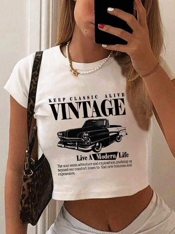 Women's Vintage Car Graphic Print Round Neck Crop Tee, Casual Slim-fitting Short Sleeve T-shirt, Vintage Graphic Tees, Ladies Summer Clothes for Daily Wear Black Girl Outfits