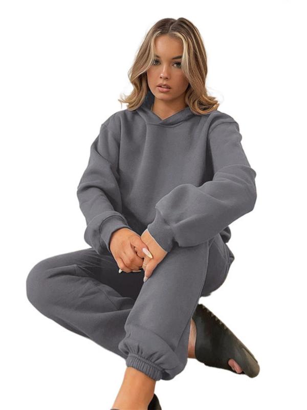 Sporty Two-Piece Set Women's Plain Drop Shoulder Pocket Hoodie & Drawstring Sweatpants Sports Sweatsuit Set, Fashion Cozy Breathable Two-piece Outfits for Workout Gym, Women Sportswear Clothes for Fall & Winter