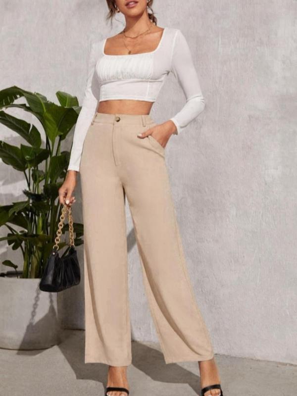 Women's Solid Button Fly Pocket Straight Leg Pants, Casual Comfy High Waist Trousers for Work Office Business, Ladies Bottoms for All Seasons