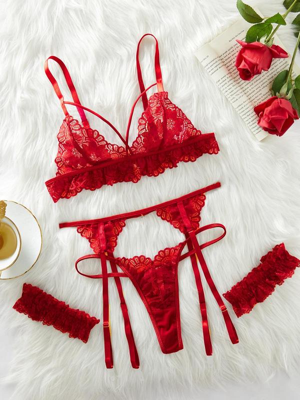 Women's Floral Lace Sheer Sexy Lingerie Set, Adjustable Strap Cut Out Bra & Thong & Garter Belt & Thigh Ring Set, Romantic Nightwear Set for Women