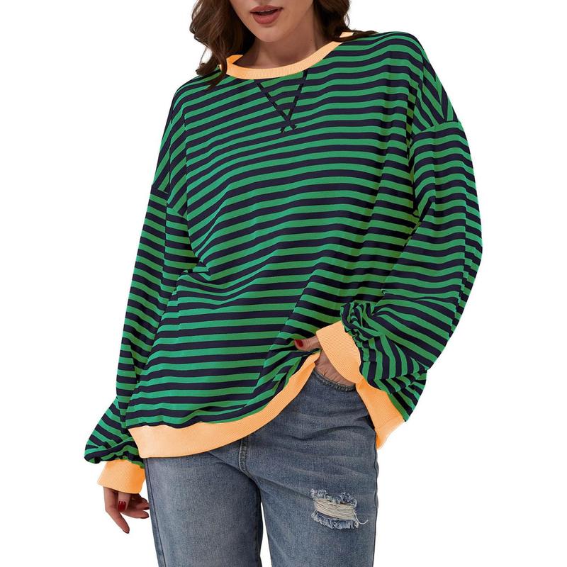 Women Striped Color Block Long Sleeve Crew Neck Sweatshirt Casual Loose Pullover Top