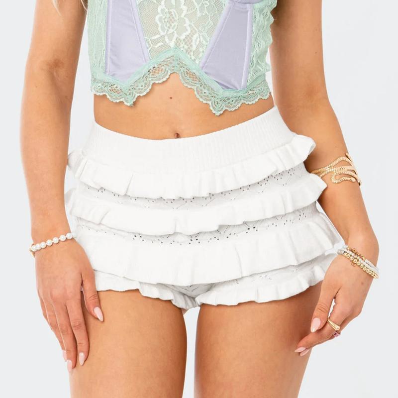 Women Hollow Out Crochet Knit Shorts Ruffled Layered Pleated Tiered Summer Fall Beach Music Festival Shorts