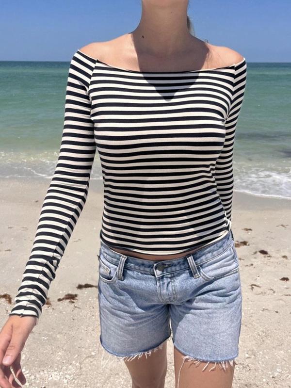 Women's Striped Print Off Shoulder Tee, Casual Long Sleeve T-shirt for Fall, Women's Clothing for Daily Wear