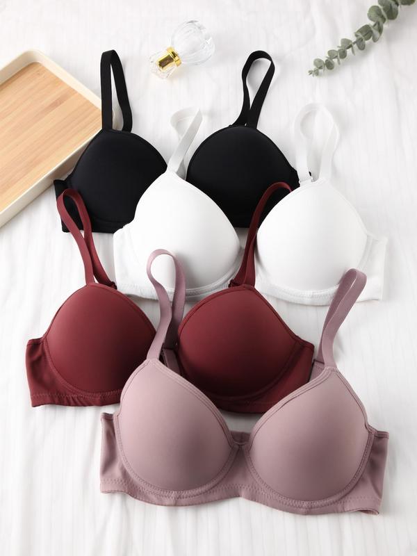 Women's 4pcs Plain Adjustable Strap Bra, Soft Comfortable Breathable  Plunge Push Up Lingerie Top for Daily Wear, Bras for Women,    Lingerie for All Seasons, Summer Wear 2024 Spaghetti Strap