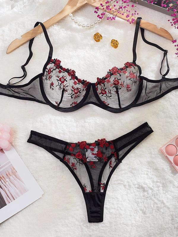 Women's Floral Embroidery Mesh Sexy Lingerie Set, Adjustable Strap Underwire Bra & Sheer Thong Set for Daily Wear, Fashion Comfy Sexy Underwear Set for Women