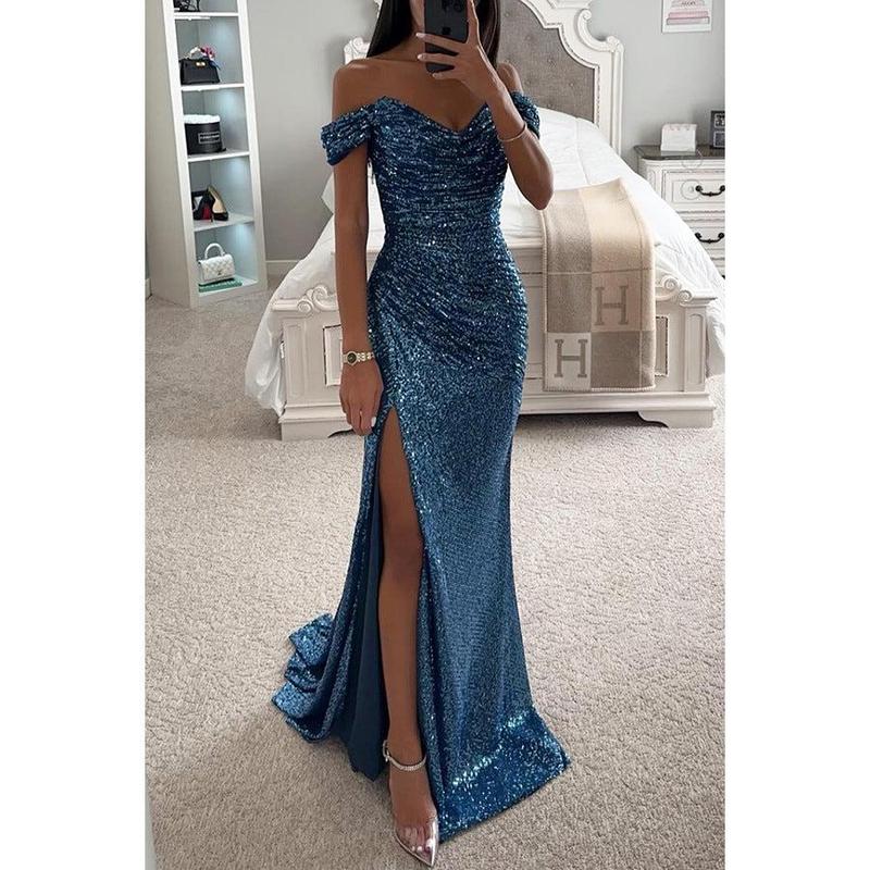 Party Sequins Off-neck Split Dress INS Casual Fashion Dress Women 2024 Prom Wedding Club Party Any Occasion Dress  Fabric Womenswear