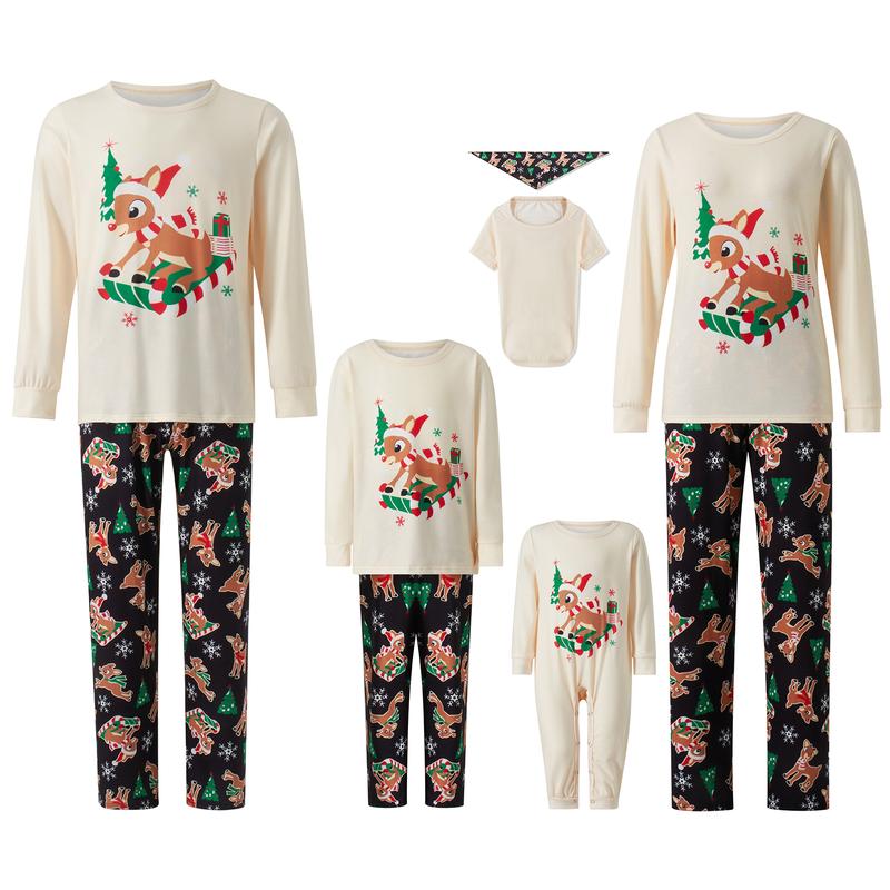 Christmas Pajamas for Family, Long Sleeve Deer Print Tops + Pants Set for Adults, Kid, Baby, Dog