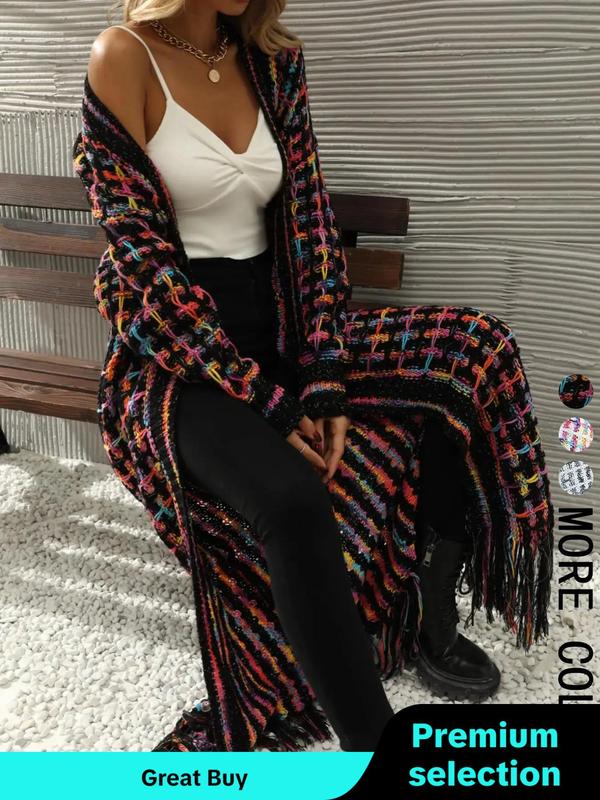 Women's Colorblock Fringe Drop Shoulder Cardigan, Casual Long Sleeve Open Front Knitwear for Fall & Winter, Fashion Women's Knit Clothing for Daily Wear