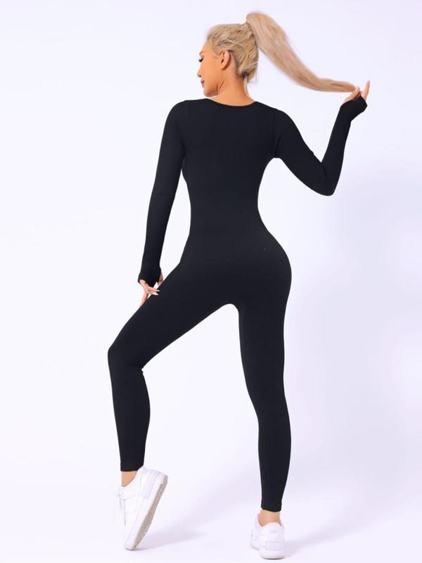 Women's Solid Square Neck Long Sleeve Jumpsuit, Lady High Stretch Seamless Bodycon Shapewear Clothes for Tummy Control Butt Lifting, Summer Sports Activities