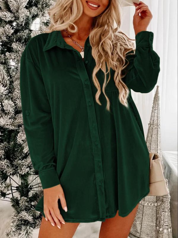 Women's Button Front Pocket Shirt Velvet Dress, Casual Drop Shoulder Long Sleeve Collared Mini  Dress for Daily Wear, Ladies Clothes for All Seasons