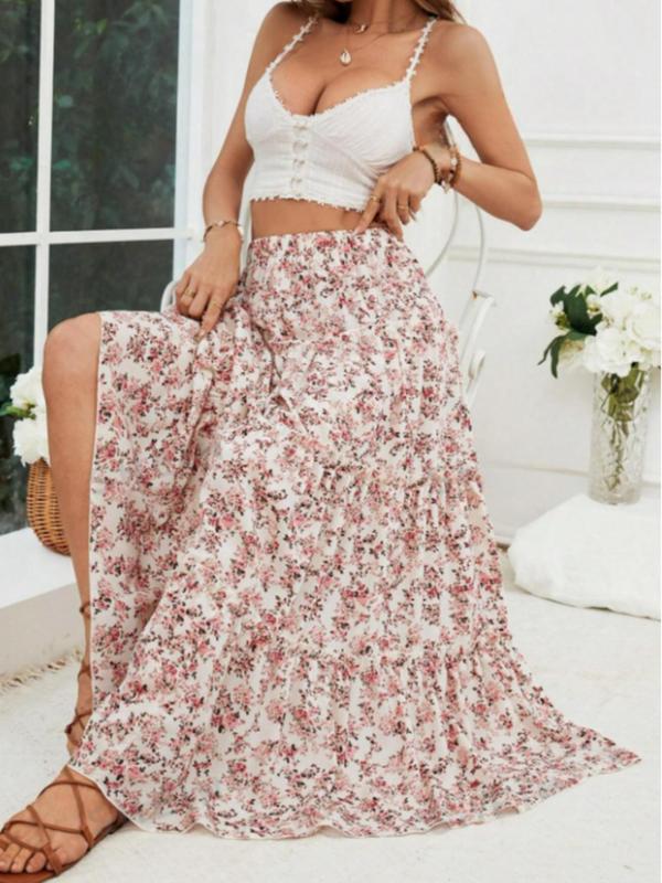 Women's Floral Print Frill Trim Ruffle Hem A Line Skirt, Boho Fashion Elastic Waist Long Skirt for Daily Holiday Vacation Wear, Ladies Bottoms for All Seasons