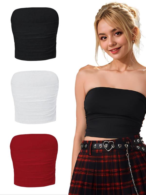 Women's Solid Ruched Crop Tube Top, Summer Clothes Women, Casual Basic Strapless Top for Summer, Women's Clothes for Daily Wear, Please Purchase One Size Smaller, Chic Womenswear