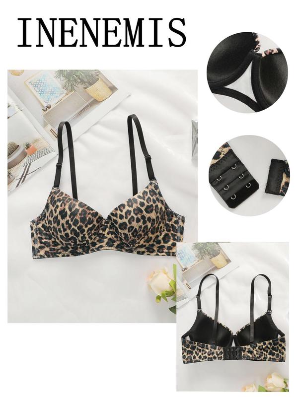 Women's Leopard Print Underwire Bra, Adjustable Strap Push Up Bra, Soft Comfy Lingerie Top for All Seasons