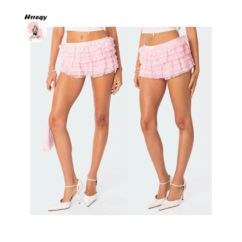 Women’s Layered Ruffle Shorts Casual Elastic Waist Bow Front Solid Color Lace Shorts Going Out Pants