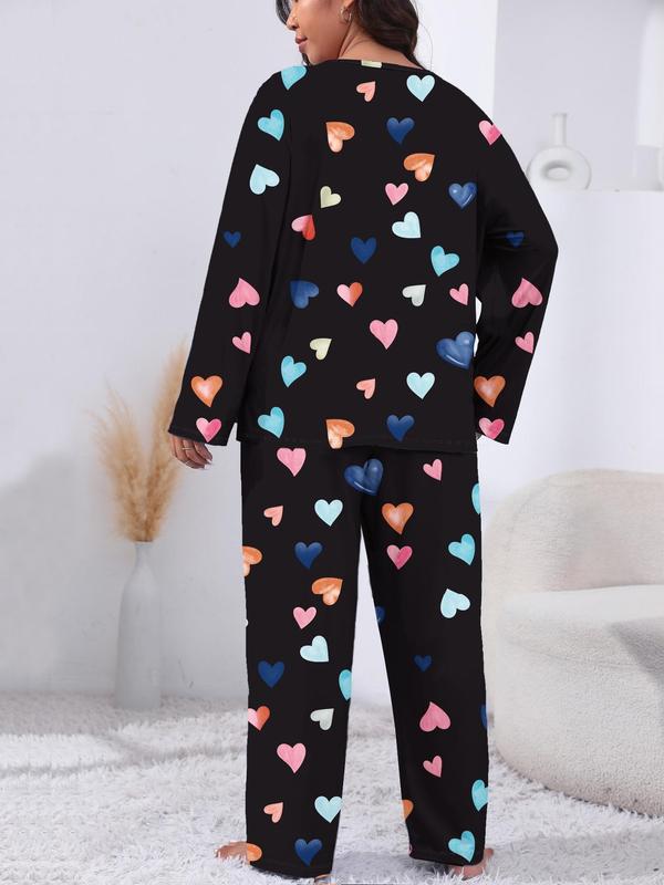 Two-Piece Set Plus Size Heart Print Pyjama Lounge Set, Casual Long Sleeve Tee & Pants, Women's Plus Sleepwear & Homewear for Spring & Fall, Fall Wear, Fallfreshness