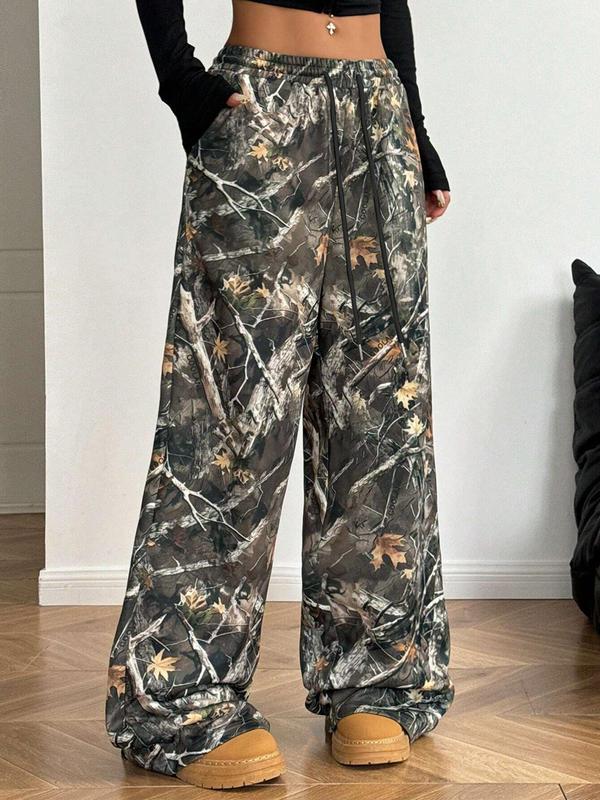 Women's All Over Print Drawstring Waist Wide Leg Sweatpants, Casual Pocket Trousers for Fall & Winter, Women's Bottoms for Daily Wear