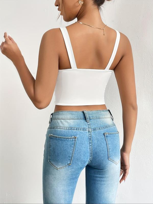 Women's Solid Backless Square Neck Crop Tank Top, Casual Sleeveless Cropped Top for Daily Wear, Ladies Clothes for All Seasons, Fall Outfits, Fallfreshness