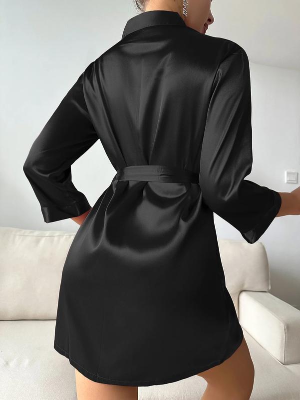 Solid Satin Night Robe Long Sleeve V Neck Robe With Belt Women's Sleepwear