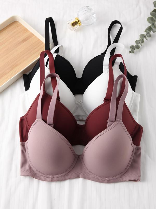 Women's 4pcs Plain Adjustable Strap Bra, Soft Comfortable Breathable  Plunge Push Up Lingerie Top for Daily Wear, Bras for Women,    Lingerie for All Seasons, Summer Wear 2024 Spaghetti Strap