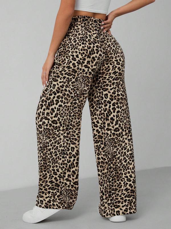 Women's Leopard Print Tie Front Pocket Wide Leg Pants, Casual Comfy Straight Leg Trousers for Daily Wear, Ladies Bottoms for All Seasons