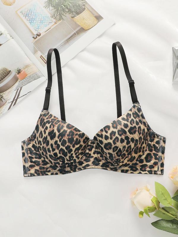 Women's Leopard Print Underwire Bra, Adjustable Strap Push Up Bra, Soft Comfy Lingerie Top for All Seasons