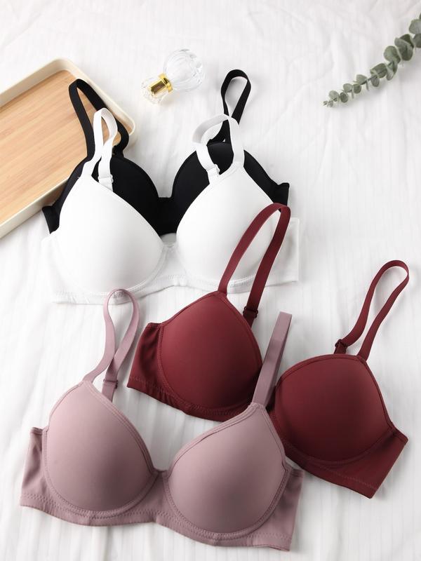 Women's 4pcs Plain Adjustable Strap Bra, Soft Comfortable Breathable  Plunge Push Up Lingerie Top for Daily Wear, Bras for Women,    Lingerie for All Seasons, Summer Wear 2024 Spaghetti Strap