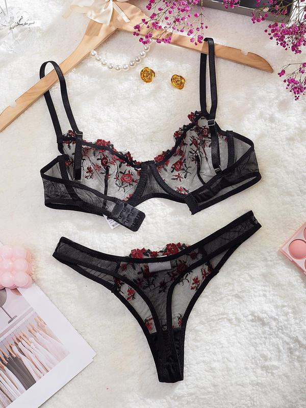 Women's Floral Embroidery Mesh Sexy Lingerie Set, Adjustable Strap Underwire Bra & Sheer Thong Set for Daily Wear, Fashion Comfy Sexy Underwear Set for Women